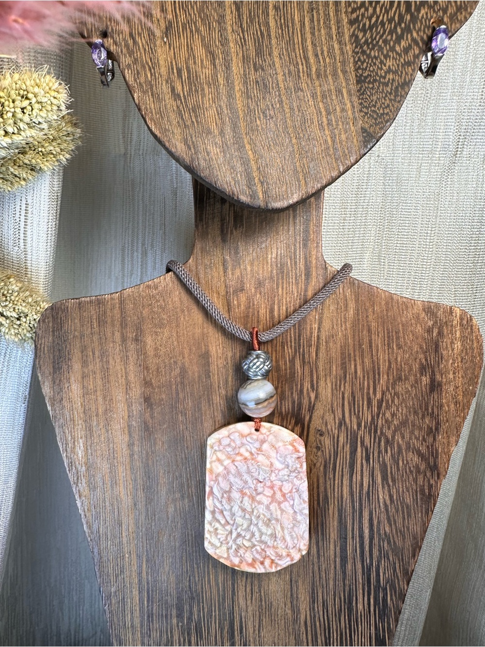 Coral Fossil Tiger Pendant Necklace on Light Brown Adjustable Rope - Picture 10 of 16